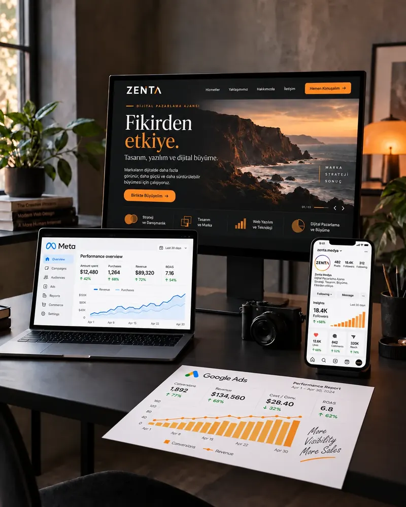 Zenta Medya çalışma masası: monitörde yenilenmiş web sitesi, laptopta Meta Ads büyüme grafikleri, telefonda Instagram etkileşim göstergeleri ve masada temsili Google Ads performans raporu